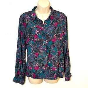 Alfred Dunner Teal, Pink, Purple, Black Paisley Button Down Shirt. Size 16. EUC.